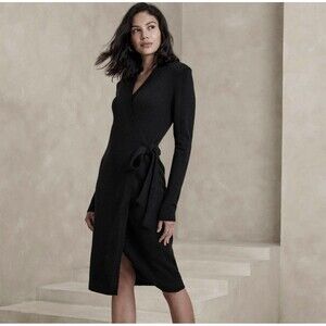 Banana Republic Sweater Dress Size Small Petite Black Ribbed Wrap Knee Length
